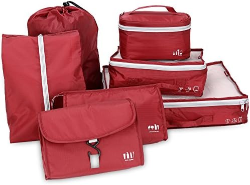 Premium Quality Must-Have Multi-functional Foldable Packable Travel Luggage Organizers 7Pcs Packing (Red)