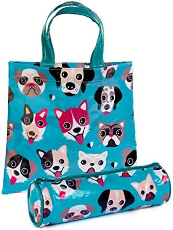 Cute Pencil Case For Kids + Small Shopping Tote Bag Gift Set in Unique Fun Dog Print for Toddlers Age 3 - 6