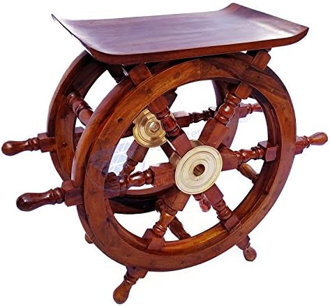 Nagina International Wooden Ship Wheel Home Decor Table | Pirate's Antique Brass Hub Motiff (30 Inches)