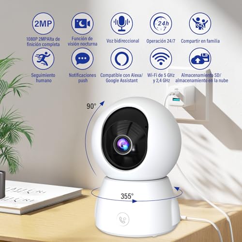LEMONSEA Camara de Seguridad Interior, 2MP Camara WiFi de Visión 360°, Camaras de Seguridad Inalambricas con Vision Nocturna y Audio Bidireccional, Detección de Movimiento, Alarma, Poyo Alexa y Google