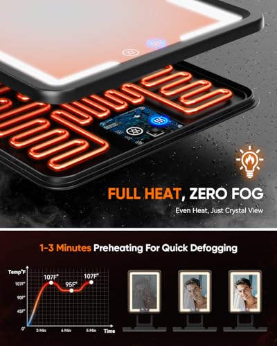eeuuty Heated Shower Mirror Fogless for Shaving (Gen 3) - 3 Colors Stepless Dimmable Lights, Anti-Fog Shaving Mirror with Razor Holder, No-Drilling, Removable - Black
