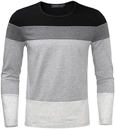 HEMOON Men's Basic Knit Crewneck Color Block Long Sleeve T-Shirt Top Black L