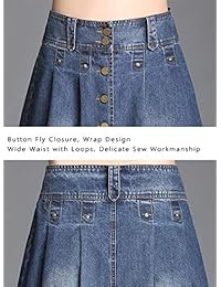Faldas de jean con botones frontales para dama, longitud hasta la rodilla, plisadas, color azul