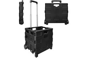 Berry 40L Foldable Shopping Trolley - Black, Plastic Trolley Cart with 2 Wheels, Portable Cart with Telescopic Handle, Multip