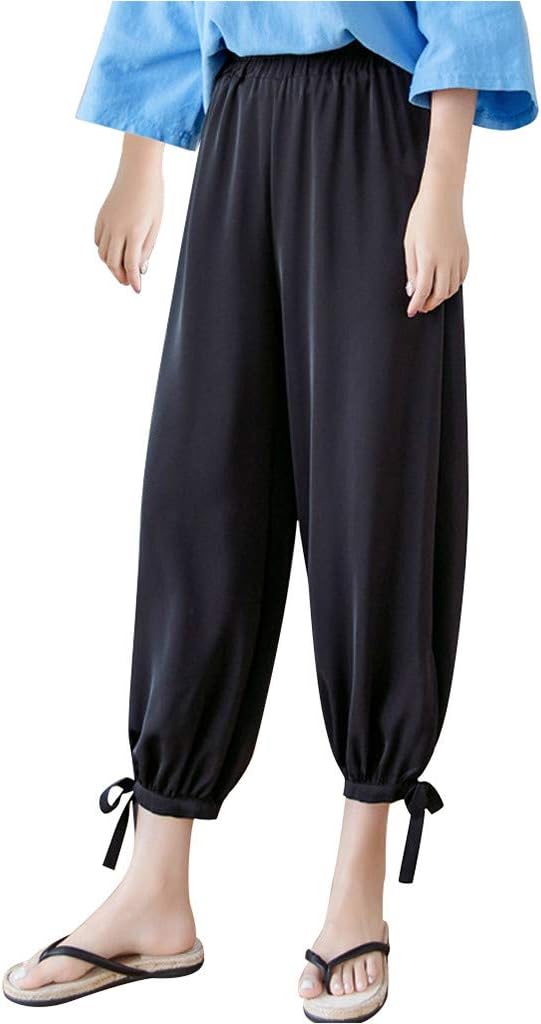 JOFOW Pants Womens Solid Print Bowknot Cuff Long Bloomers Loose