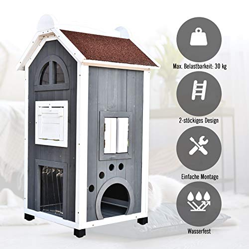 PawHut Katzenhaus für DrauÃen 2-stöckiges Katzenhaus aus Tannenholz, wetterfest Katzenhütte mit Asphaltdach, Blau, 59 x 55 x 109 cm – Bild 5