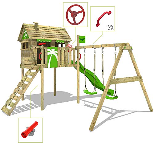 Fatmoose Spielturm Klettergerüst FunFactory mit Schaukel & grüner Rutsche, Stelzenhaus mit Leiter & Spiel-Zubehör – Bild 4