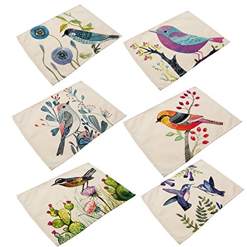 FDY MY 6 in Set Cotton Linen Placemats - Bird Pattern Table Mats Heat-Resistant Non-Slip Insulation Table Runner for Kitchen Dining Room