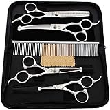 iSeaFly Dog Grooming Scissors Kit with Round Tip, Set of 5 Cat Dog Scissors, Stainless Steel Pet Grooming Shears, Straight, Curved, Thinning Shears, Comb for Full Body, Face, Nose, Ear & Paw