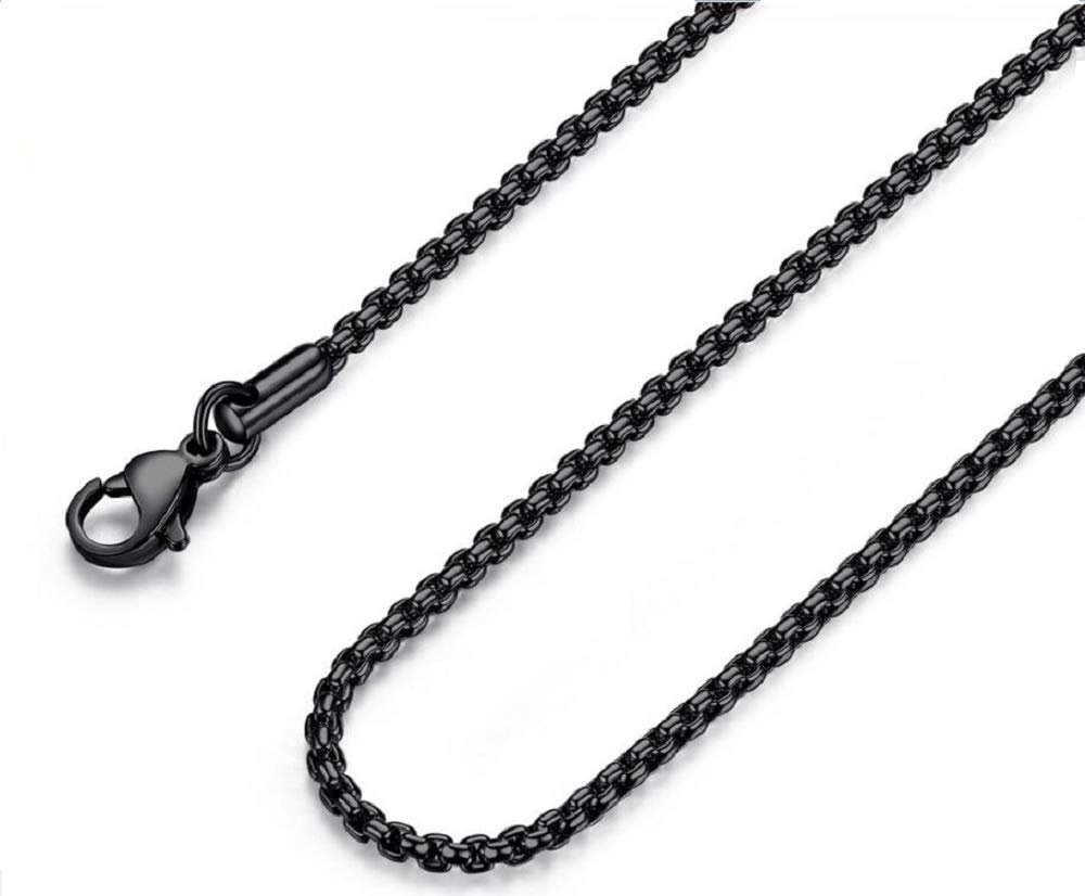 FOSIR Mens Black Rolo Chain Necklace, Stainless Steel Chain for Men and Women, Wide 3mm, 24 Inch