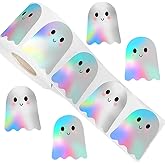 500Pcs Halloween Pholographic Ghost Stickers Rolls 1.2in Laser Ghost Waterproof Decals Iridescent Self-Adhesive Stickers Roll for Kids Halloween Party Envelope Scrapbook Decorations