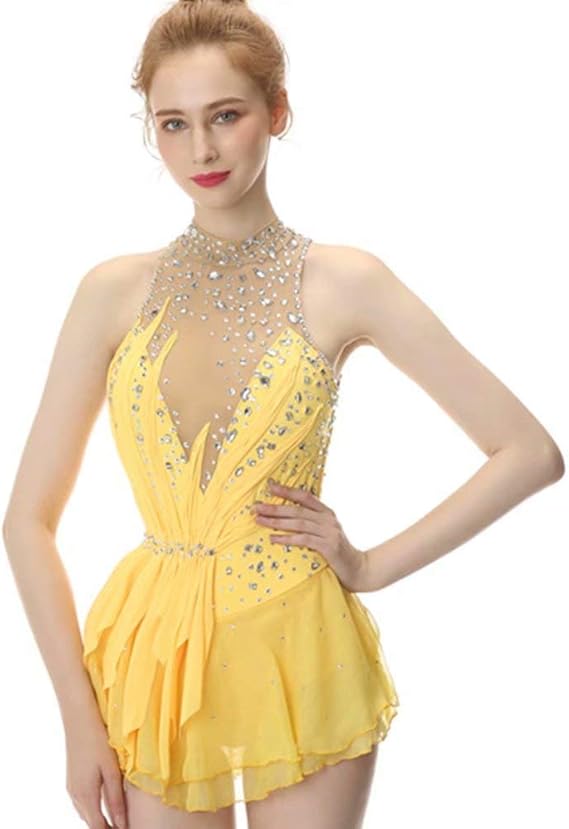BINGHUOZHIWU Yellow Figure Skating Dress, Sleeveless Ice