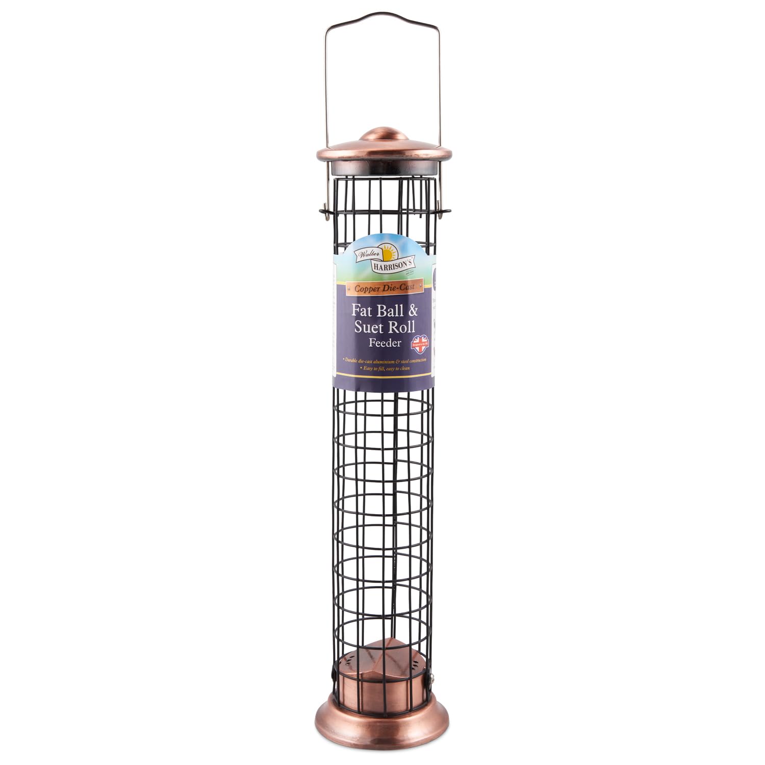 Walter Harrison's Copper Plated Die Cast Wild Bird Suet Roll and Fat Ball Hard-Wearing Hanging Feeder - 40 cm