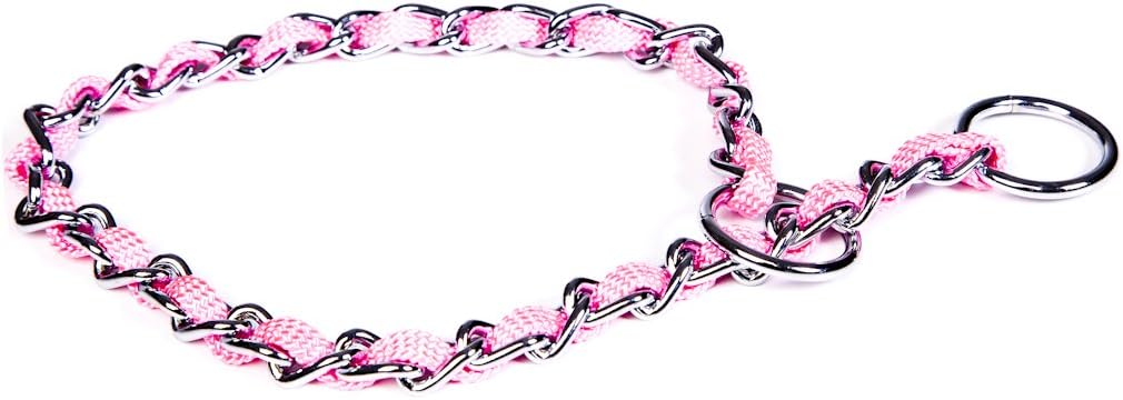 Silver Paw Anti-Bacterial Dog Choke Chain Collar with Protected Webbing, 16-Inch, Pink