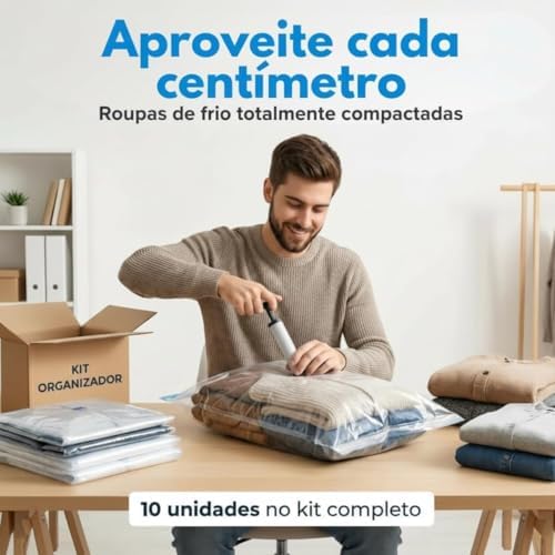 Kit 10 Sacos a Vácuo 50x60 Resistente com Bomba Manual Reutilizável Proteção Contra Poeira e Odores Economia de Espaço para Roupas e Viagem