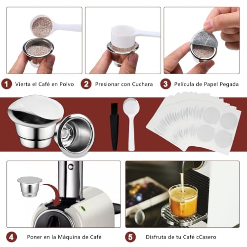 Capsulas de Café Reutilizables 6PCS, Cápsulas de Café de Acero Inoxidable, Resistente a Altas Temperaturas y Fácil de Limpiar, para Nespresso OriginalLine（6 Tazas + 200 Tapas + 1 Pincel + 1 Cuchara）