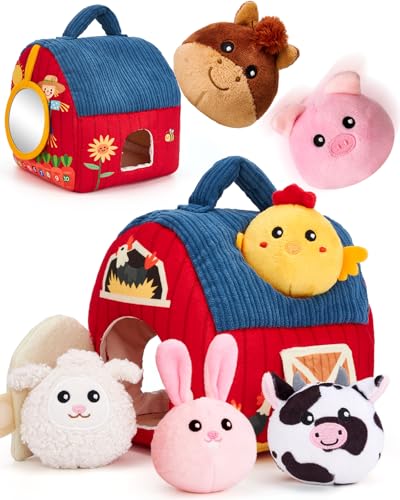 hahaland Montessori Baby Toys 6-12 Months - Surprise Barn with Stuffed Farm Animals Toys for Babies with Rattle & Mirror, Sensory Toys for Babies Boy Girl, Travel Toys for Toddlers 1-3