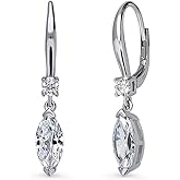 BERRICLE Sterling Silver CZ Solitaire with Side Stones Wedding Leverback Drop Dangle Earrings for Women, Cubic Zirconia - Asscher, Cushion, Heart Shaped, Marquise, Princess Cut