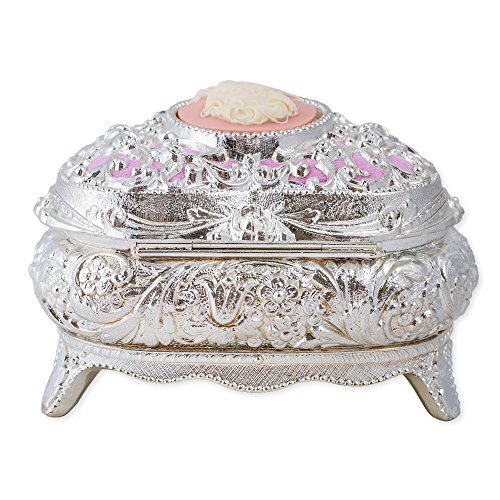 Pink and Silver Tone with Swarovski Crystals Metal Heart Jewelry Music Box Plays Bolero