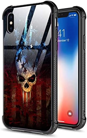 iPhone X Case,iPhone Xs Case,Slim Tempered Glass Back Cover Silicone Bumper Frame Shockproof Anti-Scratch Cover Case for Apple iPhone X/XS American Flag Star Skull