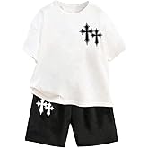 BEAUDRM Boy's 2 Piece Outfit Cross Graphic Short Sleeve Tee Shirt and Shorts Set Sport Tracksuit