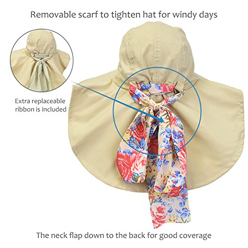 Womens Sun Hats Neck Flap Large Brim UV Protection Foldable Fishing Hiking Cap