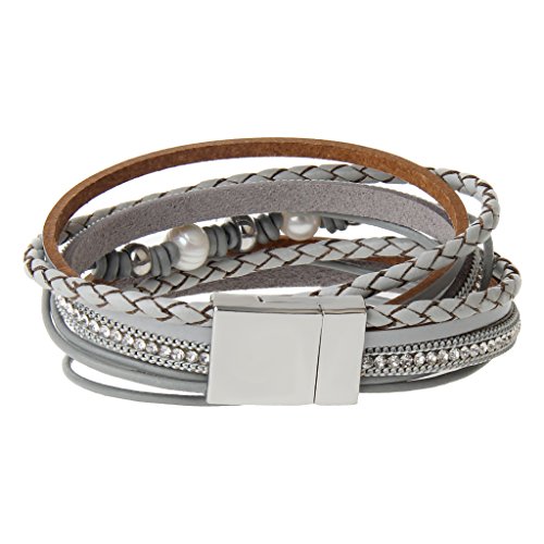 AZORA Gray Leather Wrap Bracelet for Women Pearl Crystal Charm Rope Braided Cuff Bracelets Handmade Jewelry Gift for Teens Girls - Thumbnail 2