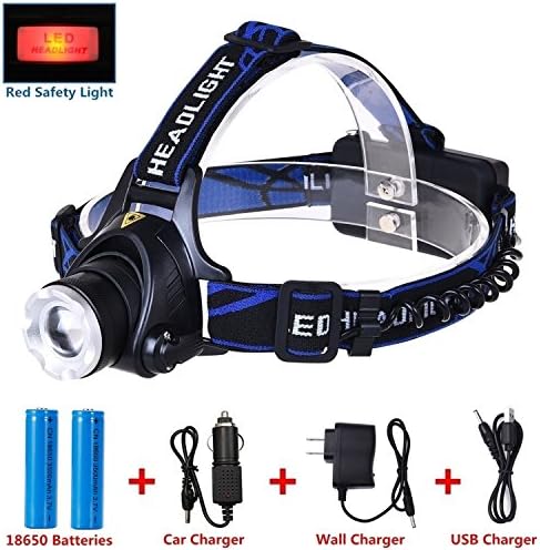 LED Headlamp Flashlight Kit, MOLAER 1800-Lumen Super Bright Headlight with Zoomable Focus, Red Warning Light and 4 Modes, Waterproof Light for Camping, Biking, 2 Rechargeable 18650 Batteries