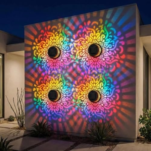 Solar Mandala Lights, Seven-Color Changing Solar Mandala Projector Light, Mandala Pattern Solar Wall Light, Outdoor Waterproof Metal Fence Lights for Yard Garden Post Patio Backyard Decor (4Pcs)