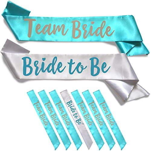 Team Bride 7pc Satin Sash Set - Sophisticated &amp; Fun Party Favors for Bachelorette Party, Bridal Shower &amp; Wedding Party (7pc Set, Teal &amp; White)