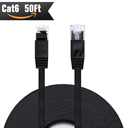 Cat 6 Ethernet Cable 50 ft (At a Cat5e Price but Higher Bandwidth) Cat6 Internet Network Cable - Flat Ethernet Patch Cable Short - Black Computer Lan Cable + Free Cable Clips and Straps