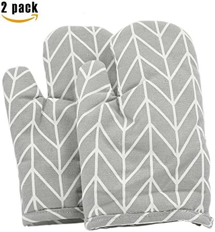 Baking Gloves 100% Cotton Heat Resistant Oven Mitt,Linens Textiles Design,2-piece for Baking Cooking BBQ Machine Washable,Oven Gloves by Pukka Home (Gray Grid)