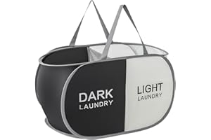 TECHMILLY Collapsible Laundry Basket Durable Pop Up Hamper with 2 Compartments for Sort and Storage, Portable Dirty Clothes Hamper for Dorm, Laundry Room or Travel (Black + Begie)