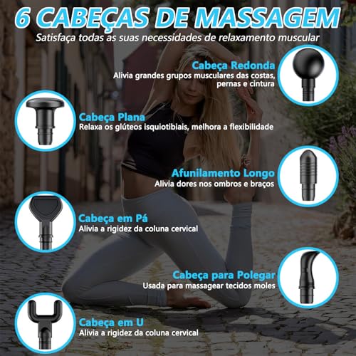 Massageador Eletrico, Pistola Massageadora Profissional, Massageador Muscular Corporal Portatil, Pistola de Massagem para Alívio da Dor, Relaxamento, Liberação Miofascial, 6 Ponteiras e 30 Velocidades