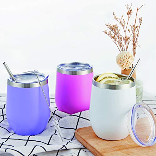 HITSLAM Wine Tumbler 12oz Stainless Steel Tumbler Vacuum Insulated Wine Glass Double Wall Coffee Mug for Champaign, Beer, Office use includes Straw Lid, Straw, Cleaning Brush (Purple)