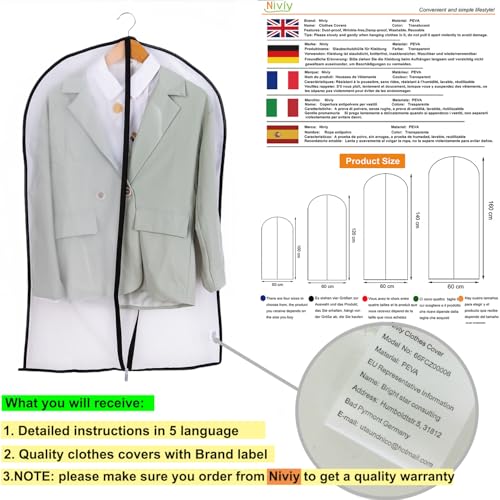 Niviy Garment Covers Dustproof Clothes Covers Moth Proof Coat Bag with Zip PEVA Translucent Dress Cover Waterproof Anti-mite Breathable Suit Protector 6pcs 60 * 100cm (Black)