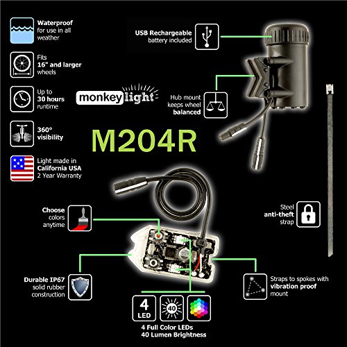 Monkey Light M204R - 40 Lumen, 4 Ultrabright Full-Color LED Bike Wheel Tire Spoke Light Accessory - Waterproof Ultra-Durable (Rechargeable Battery)