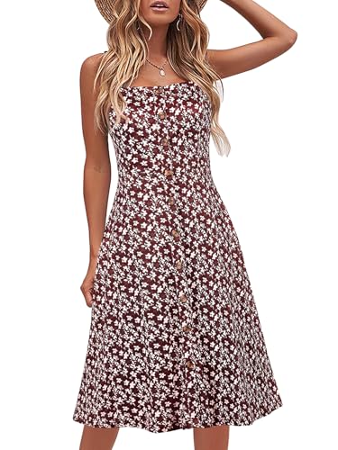 Berydress Women's Casual Beach Summer Dresses 2025 Solid Cotton Flattering A-Line Spaghetti Strap Button Down Midi Sundress