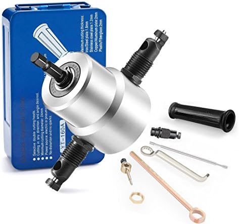 Sheet Metal Cutter, Jeerbly Double Head Sheet Metal Nibbler Cutter 360 Degree with Drilling Attachment