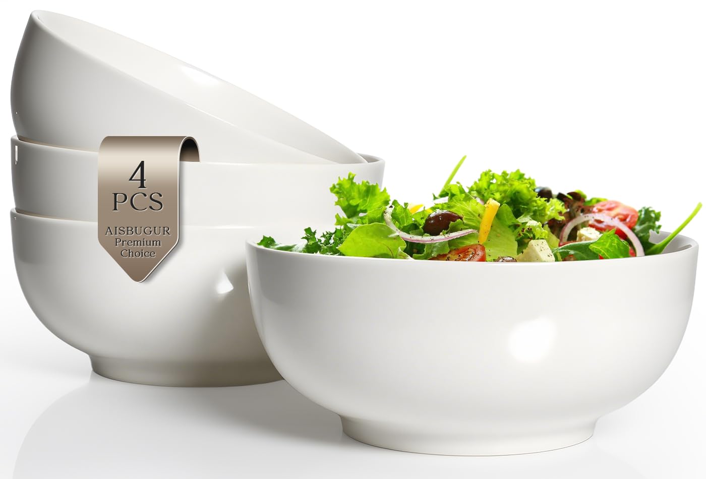 Photo 1 of AISBUGUR 42 OZ Large Soup Bowls,Porcelain Salad Bowls Set of 4,Pho Bowls for Soup,Salad,Cereal,Pasta,Fruit,White Bowls Set for Dishwasher & Microwave Safe