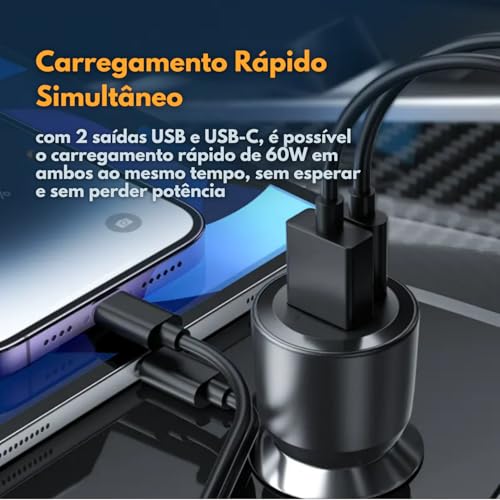 Carregador Veicular Turbo 60W Pro, Kit com Cabo USB-C. Duas portas USB 3.0 + USB-C, Led, Carregamento Rápido 9.1A Fast Charge Carro/Automotivo Compatível com IOS e Android – Premium (Preto)