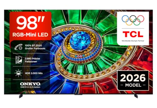TCL TV 98RM7L 98 RGB Mini LED, 4K HDR 2000 nits, 2880 nauwkeurige kleurzones, Google TV, Dolby Vision IQ en Atmos, 2.1 Onkyo, 144Hz, Apple AirPlay 2, Alexa