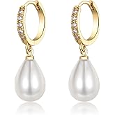 925 Sterling Silver Pearl Earrings for Women,Hypoallergenic Gold Pearl Drop Earrings with 5A+ Cubic Zirconia Huggie Hoop Jewelry Gifts for Women Ladies (Silver & Gold)