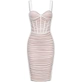 houstil Women's Strap Wedding Guest Dress Velvet Mesh Bodycon Cocktail Party Fishbone Mini Clubwear (M, White)