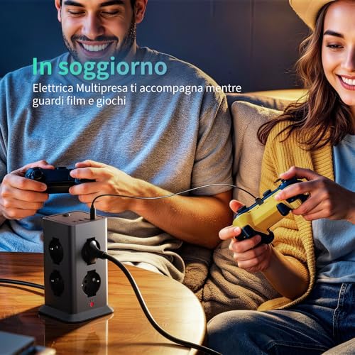 2 M Power Strip with 8 Universal Sockets 10/16A ITA and Schuko and 3 USB A+1 USB C Overvoltage Protection with 1 Switches for Office, Home, 3680 W Electrical Extension Socket, Black | 8 10A/16A AC Prese Multipla, Protezione Sovratensione Prolunga Elettrica,1 Interruttori Torretta Scarpetta Verticale 3680W