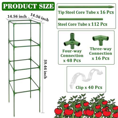ZeeDix 4 Pack Tomato Cages for Garden 60 Inches, Heavy Duty Square Adjustable Tomato Trellis Cage Climbing Plant Support Trellis Plant Cages for Climbing Vegetables Flowers with 40Pcs Clips