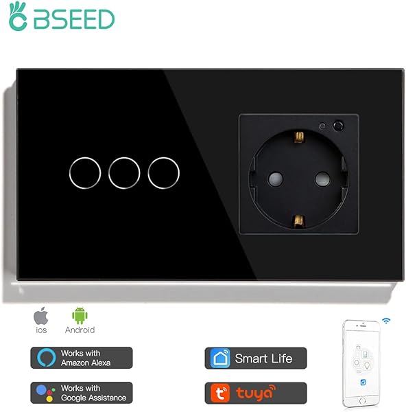 BSEED WIFI 3 Gang 1 Va Touch Switch y EU enchufe Soporte Google HomeAlexaSMART LIFETUYA APP Wall Light Outlets Negro