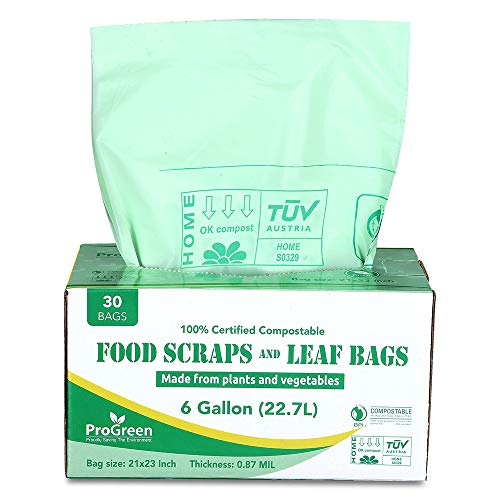 ProGreen 100 Compostable Bags 6 Gallon, Extra Thick 0.87 Mil, 30 Count
