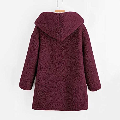 GREFER Women's Winter Jacket Curved Hem V Neck Faux Fur Sherpa Fleece Hoodie Coat (L, Red)