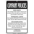 Employees Company Policies Funny Sign - Great Break Room Decor